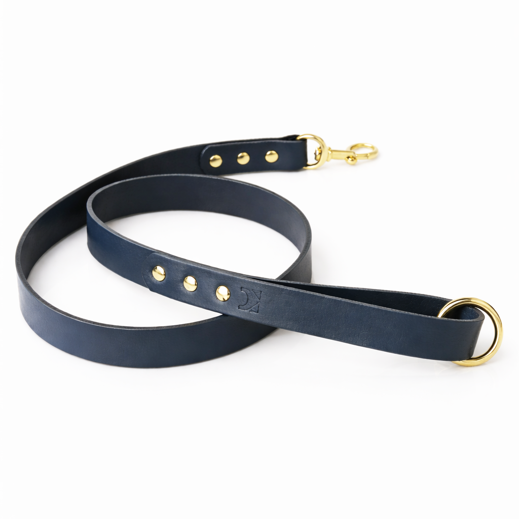 Midnight Blue  leather dog lead with brass
hardware on a white background