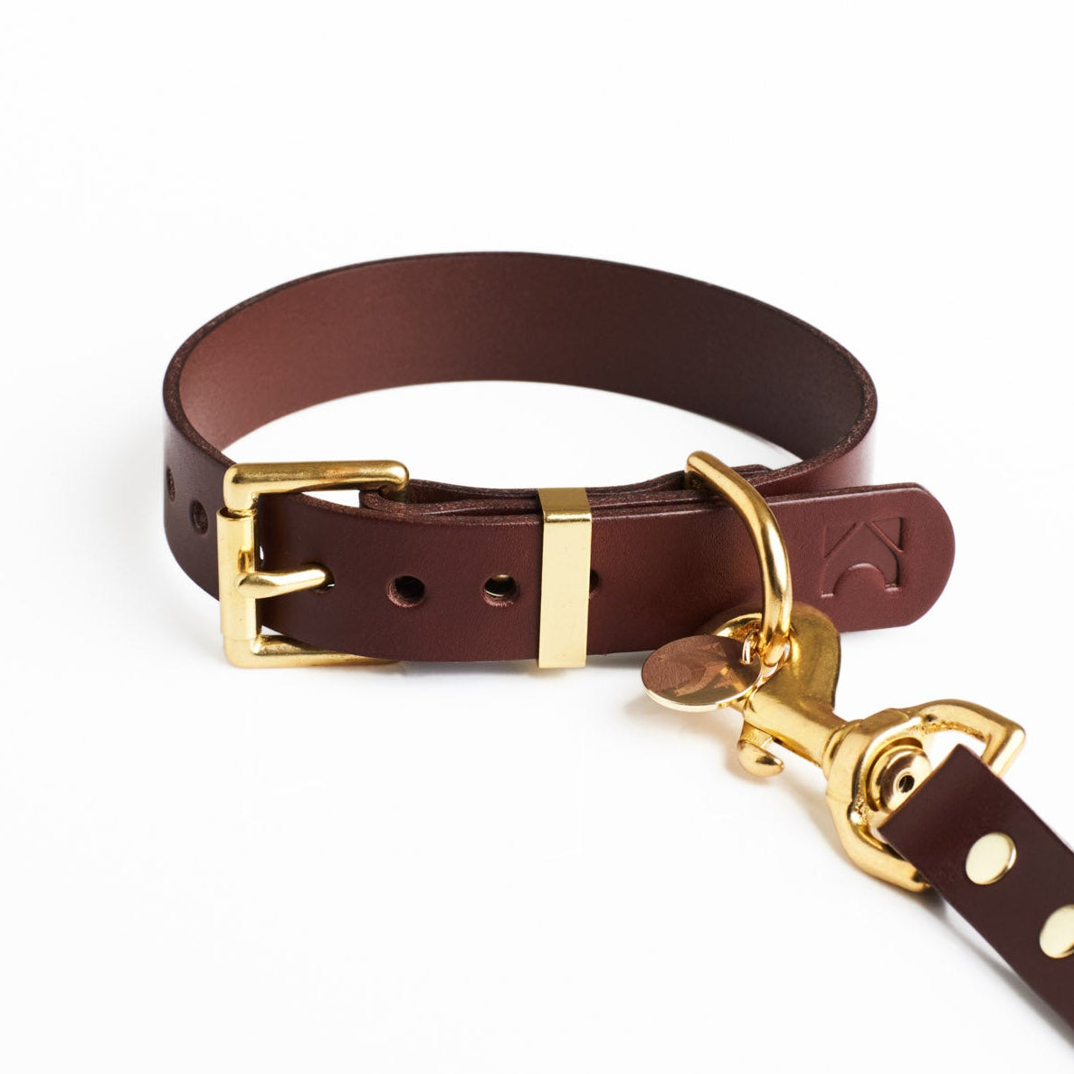 Chestnut brown leather collar with brass hardware against a white background