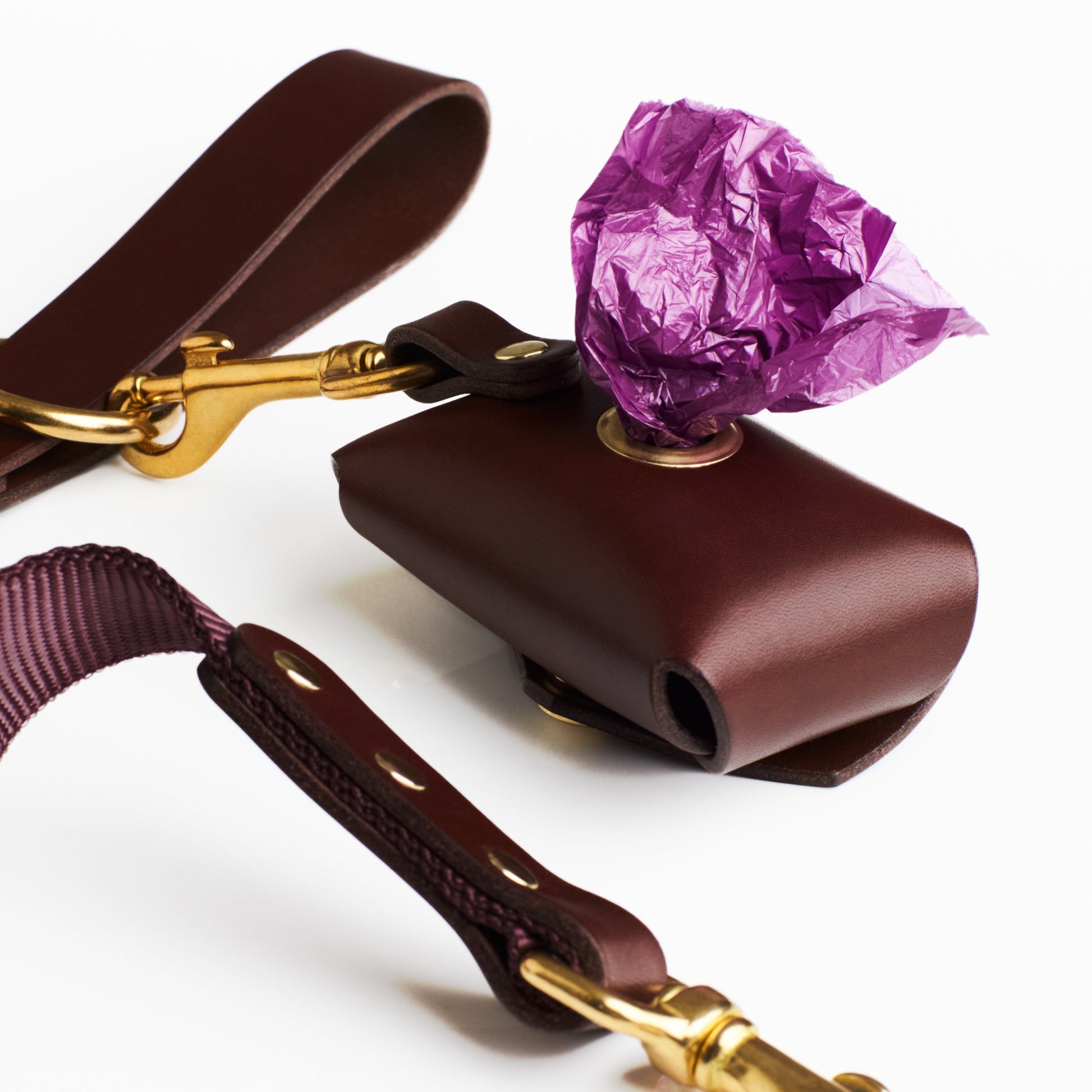 Chestnut Brown leather poop bag holder with solid brass eyelet dispenser and clip connected to a leather and fabric lead on a white background