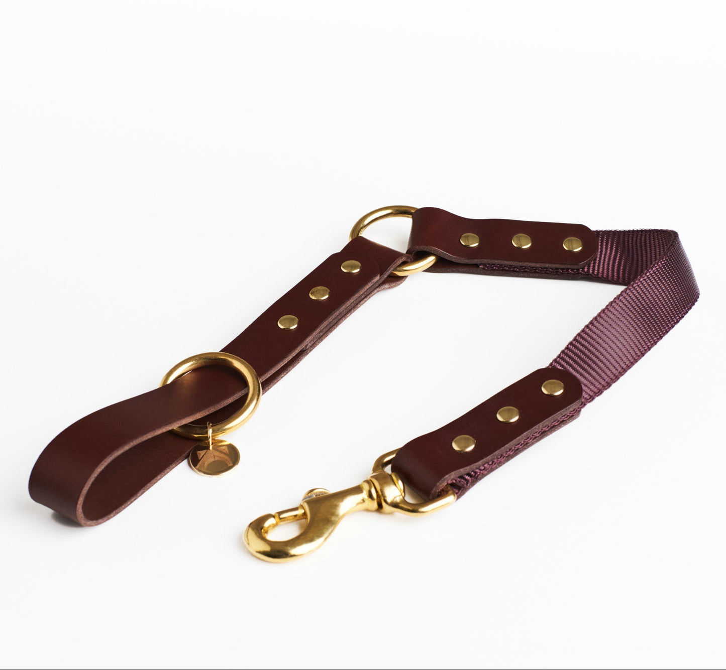 Chestnut Brown Leather and short length Damsen fabric dog lead with solid brass hardware and a connecting brass O ring at handle.