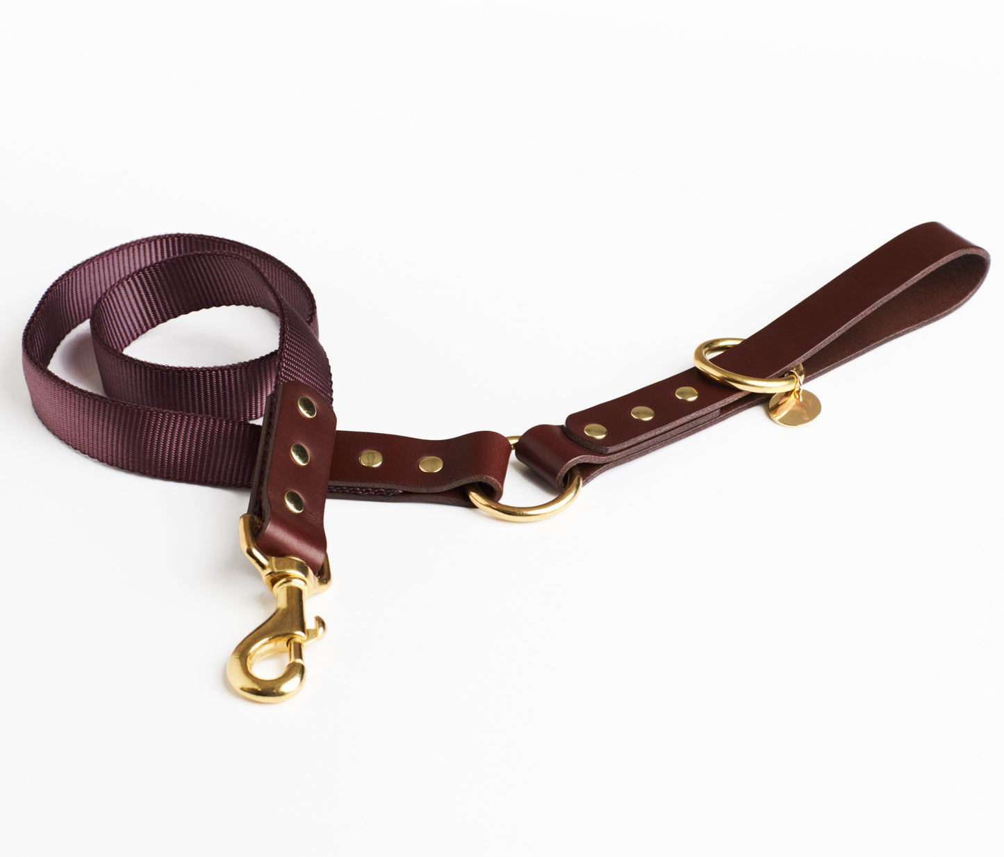 Chestnut Brown Leather and Damson Fabric Dog Lead with solid brass hardware and a connecting brass O Ring