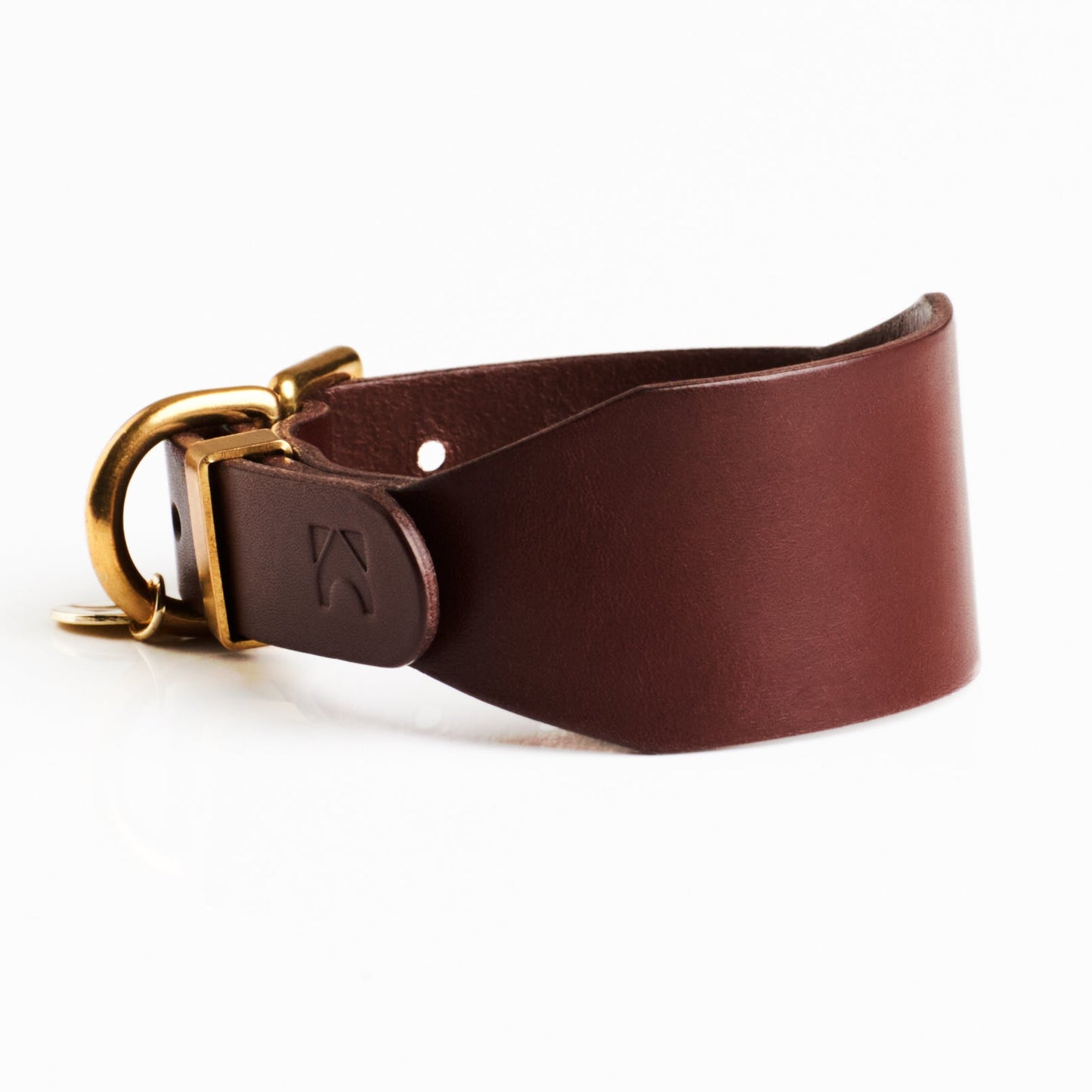 Chestnut brown wide sighthound collar with solid brass hardware on a white background