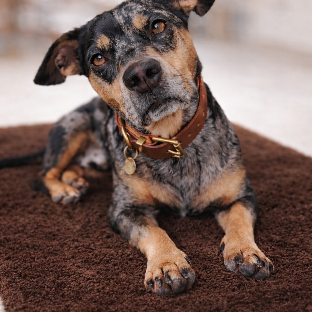 Dog wearing a collar with tags on a brown travel roll mat dog bed 