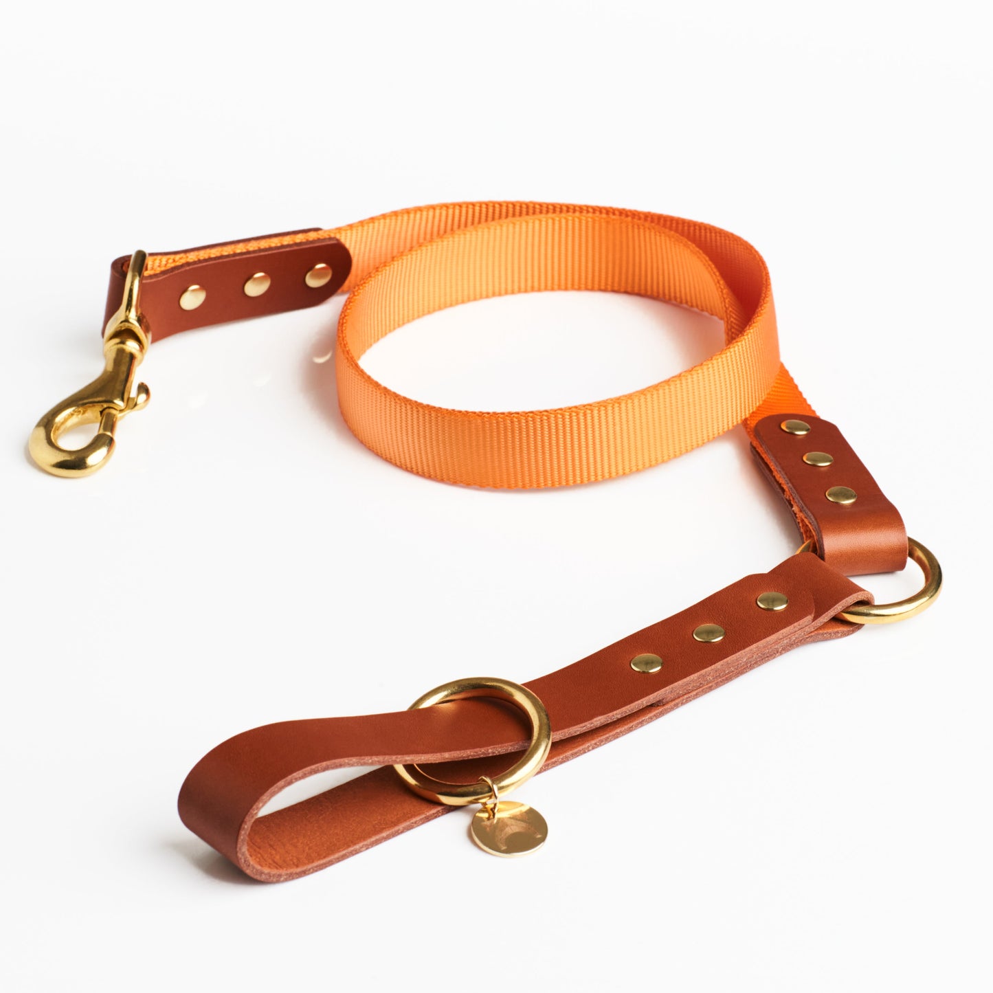 Golden Tan Leather and Orange Fabric Dog Lead with solid brass hardware and a connecting brass O Ring