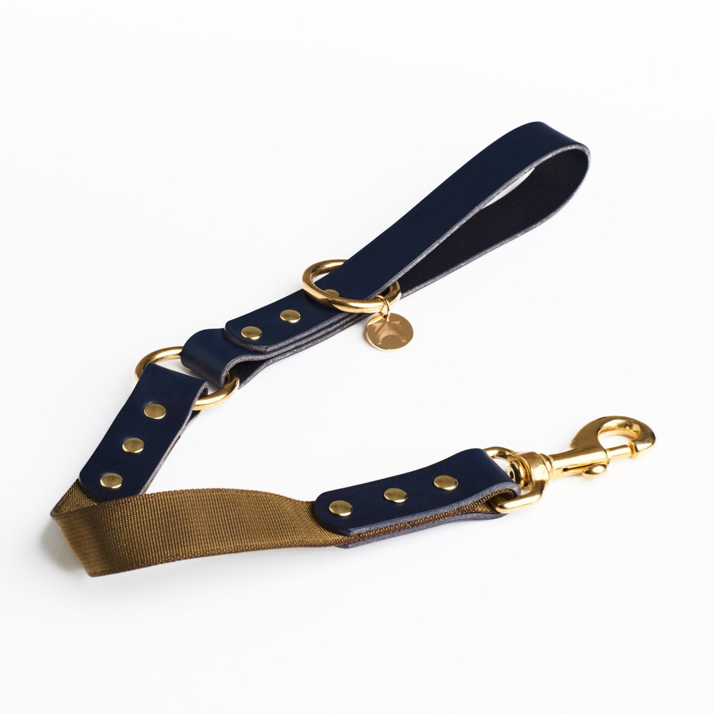 Midnight Blue Leather and short length Olive fabric dog lead with solid brass hardware and a connecting brass O ring at handle.