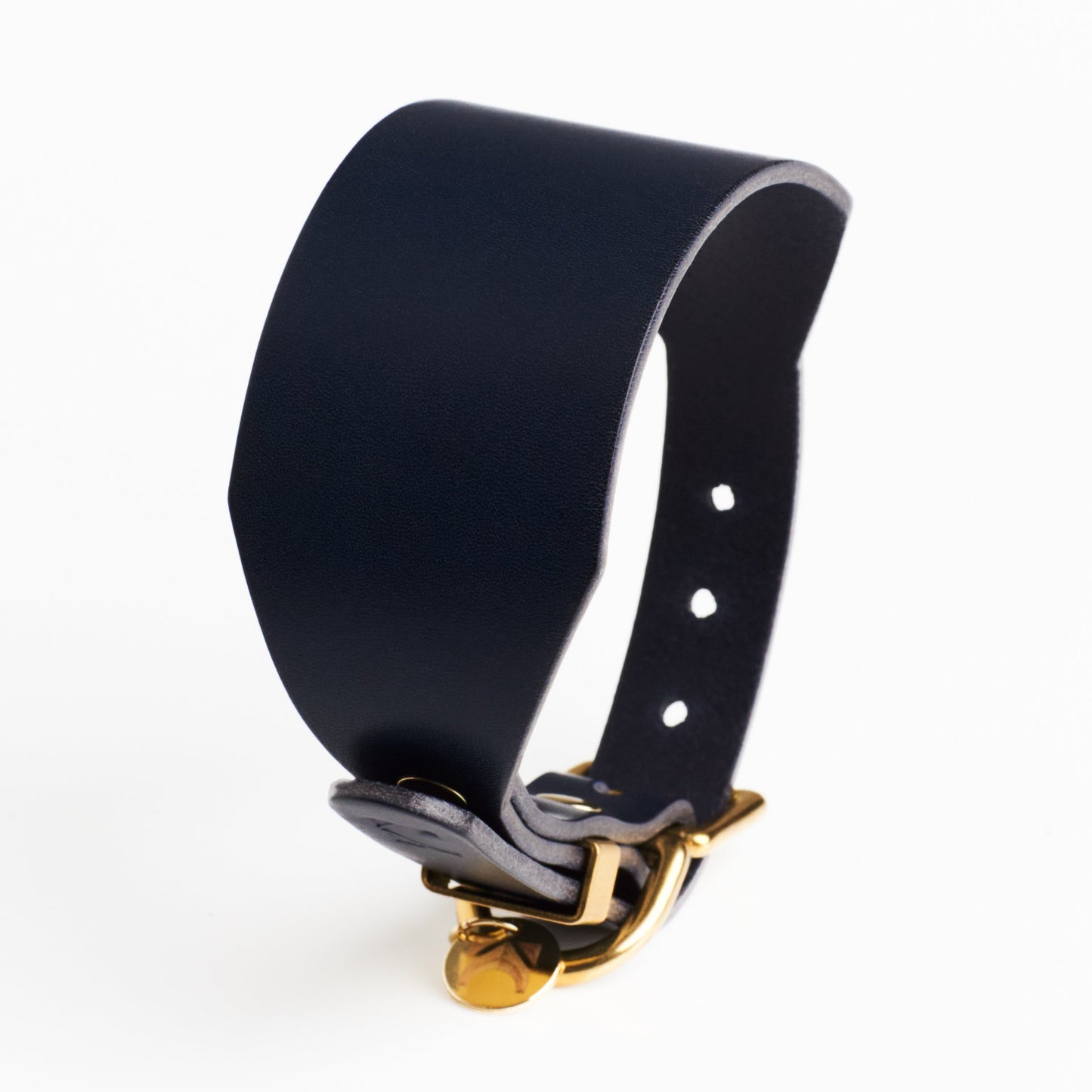 Midnight Blue wide sighthound collar with solid brass hardware on a white background