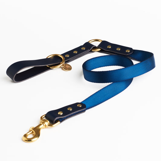 Midnight Blue Leather and Navy Blue Fabric Dog Lead with solid brass hardware and a connecting brass O Ring