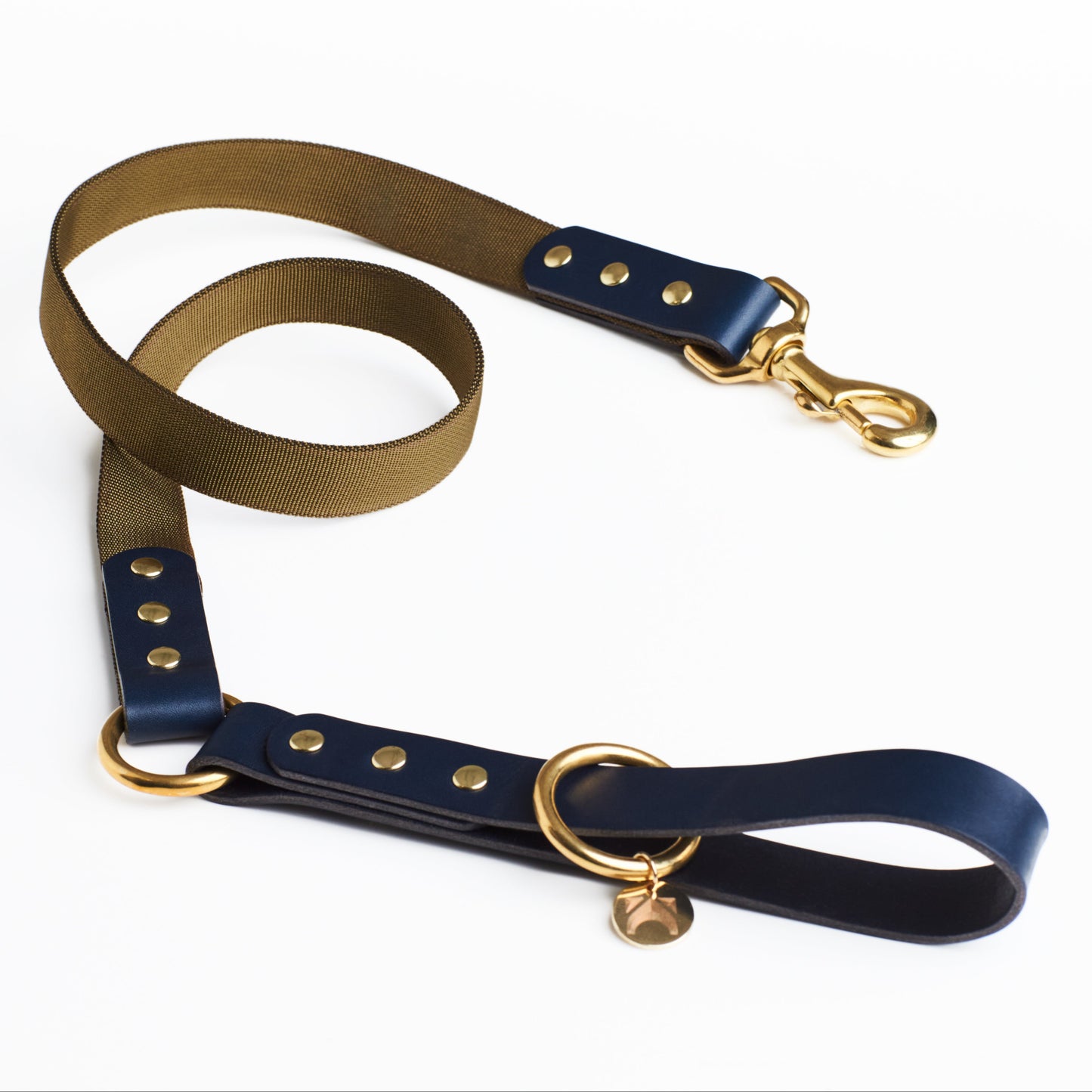 Midnight Blue Leather and Olive Khaki Fabric Dog Lead with solid brass hardware and a connecting brass O Ring
