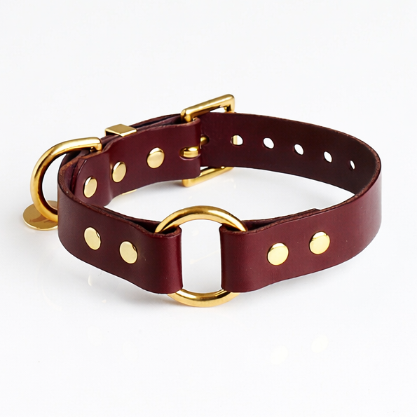 Oxblood leather dog collar with brass hardware and a brass O Ring in the centre on a white background