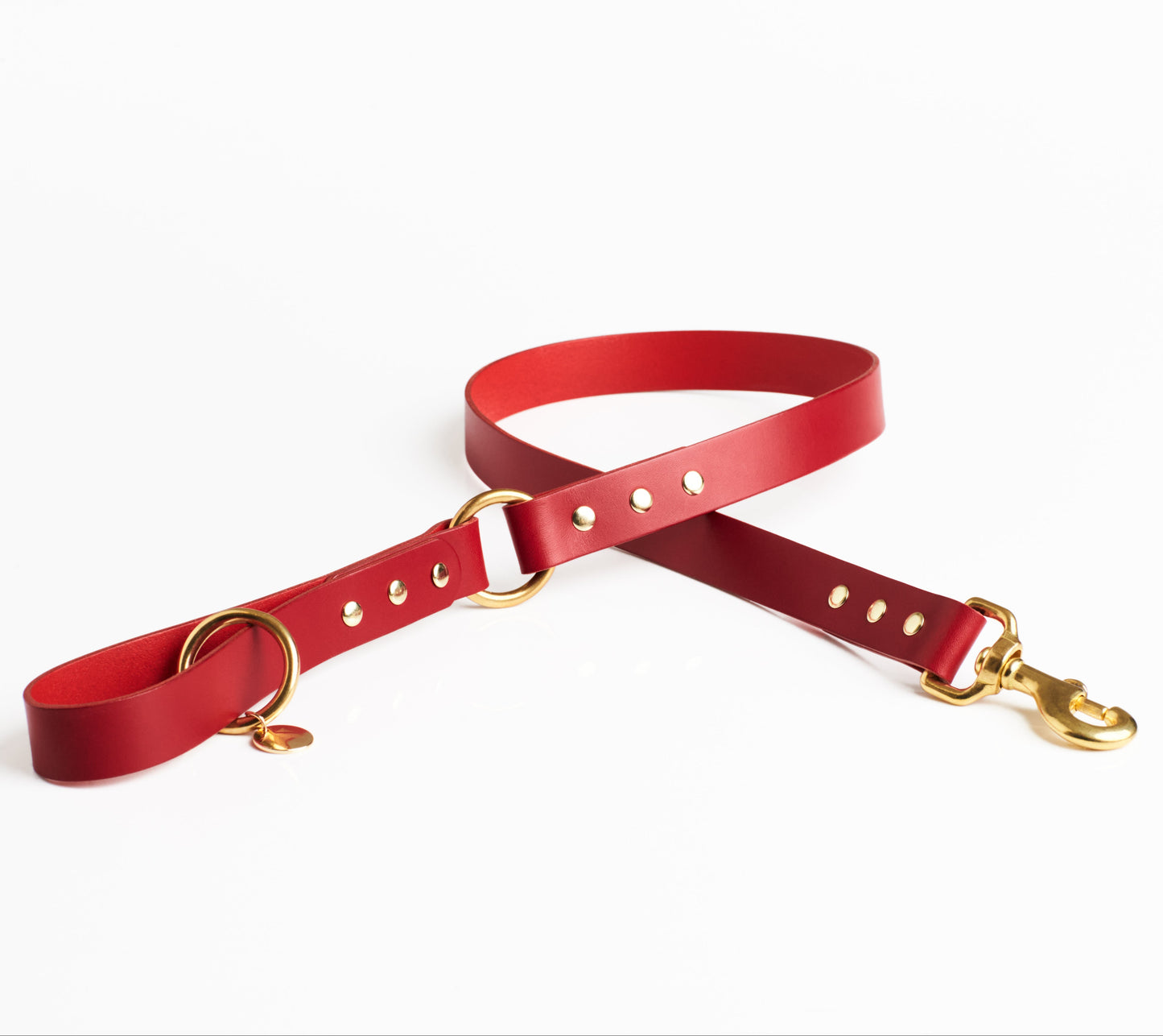 Poppy Red Leather Dog Lead with solid brass hardware and a connecting brass O ring against a white background