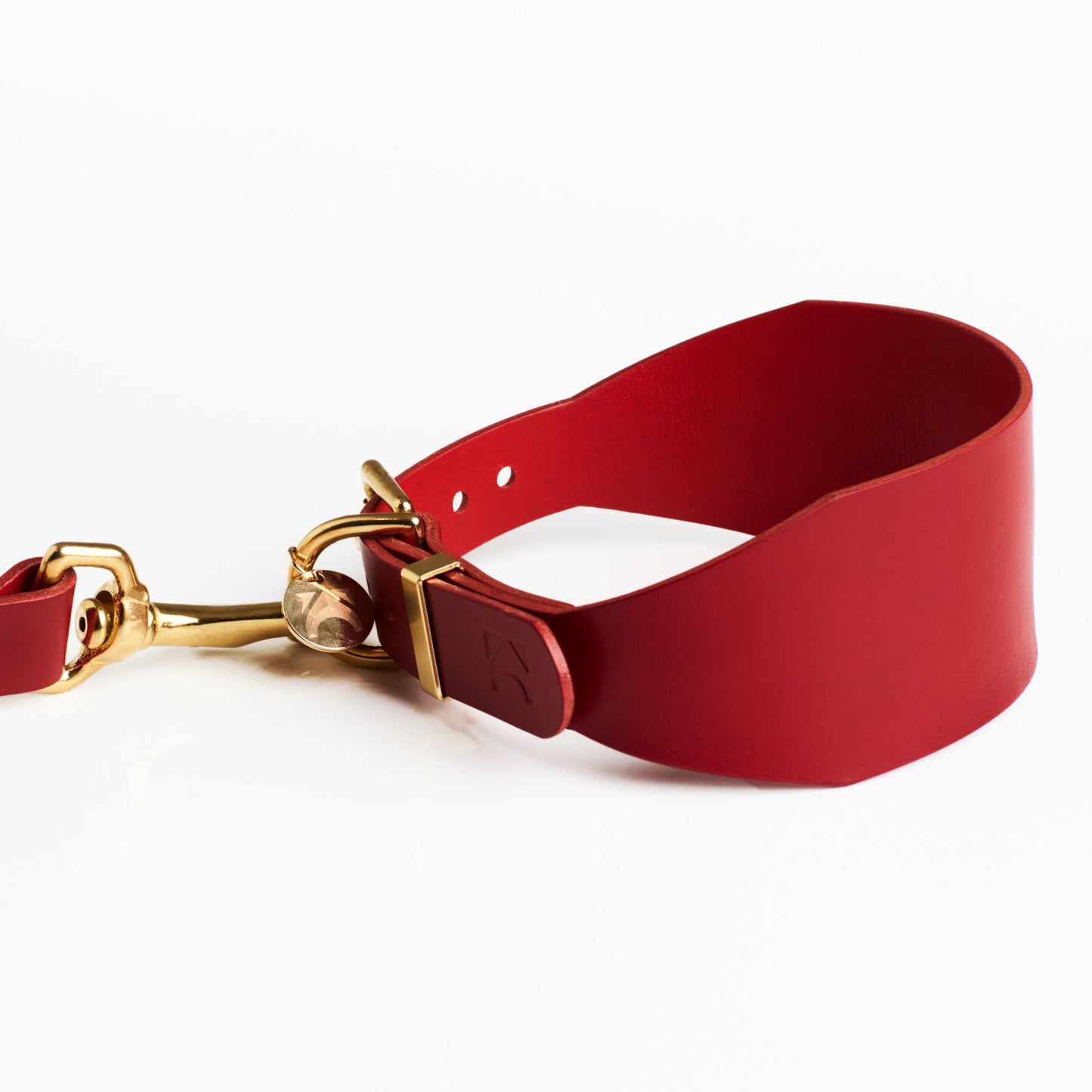 Poppy Red wide sighthound collar with solid brass hardware on a white background
