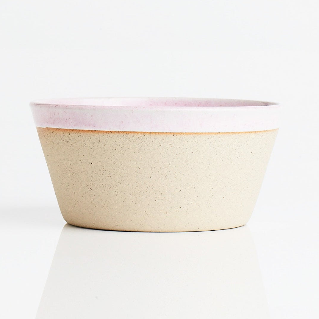 Rose pink dog food bowl on a white background