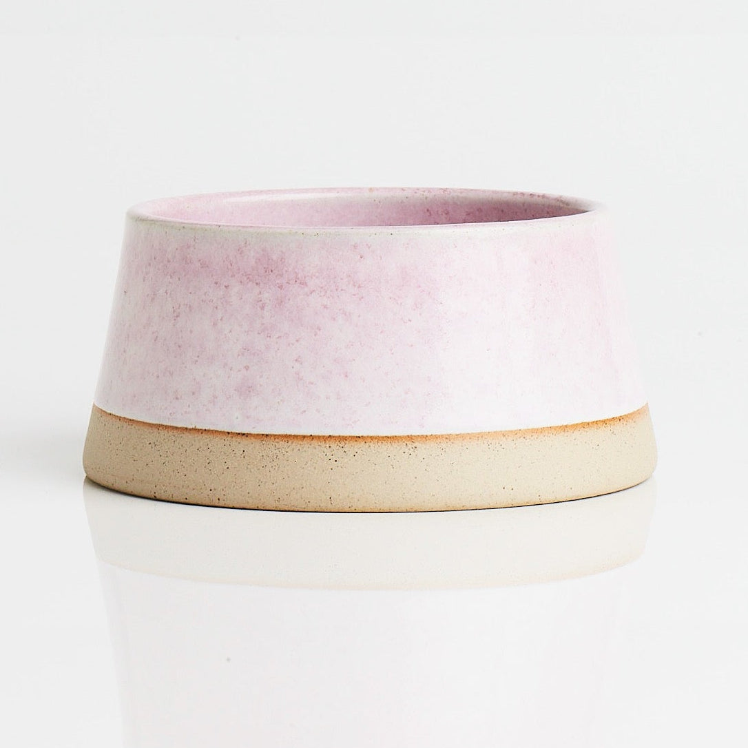 Rose pink dog food bowl on a white background