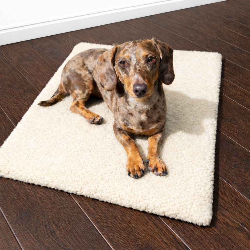 dog on a cream faux sheeps wool bed mat 