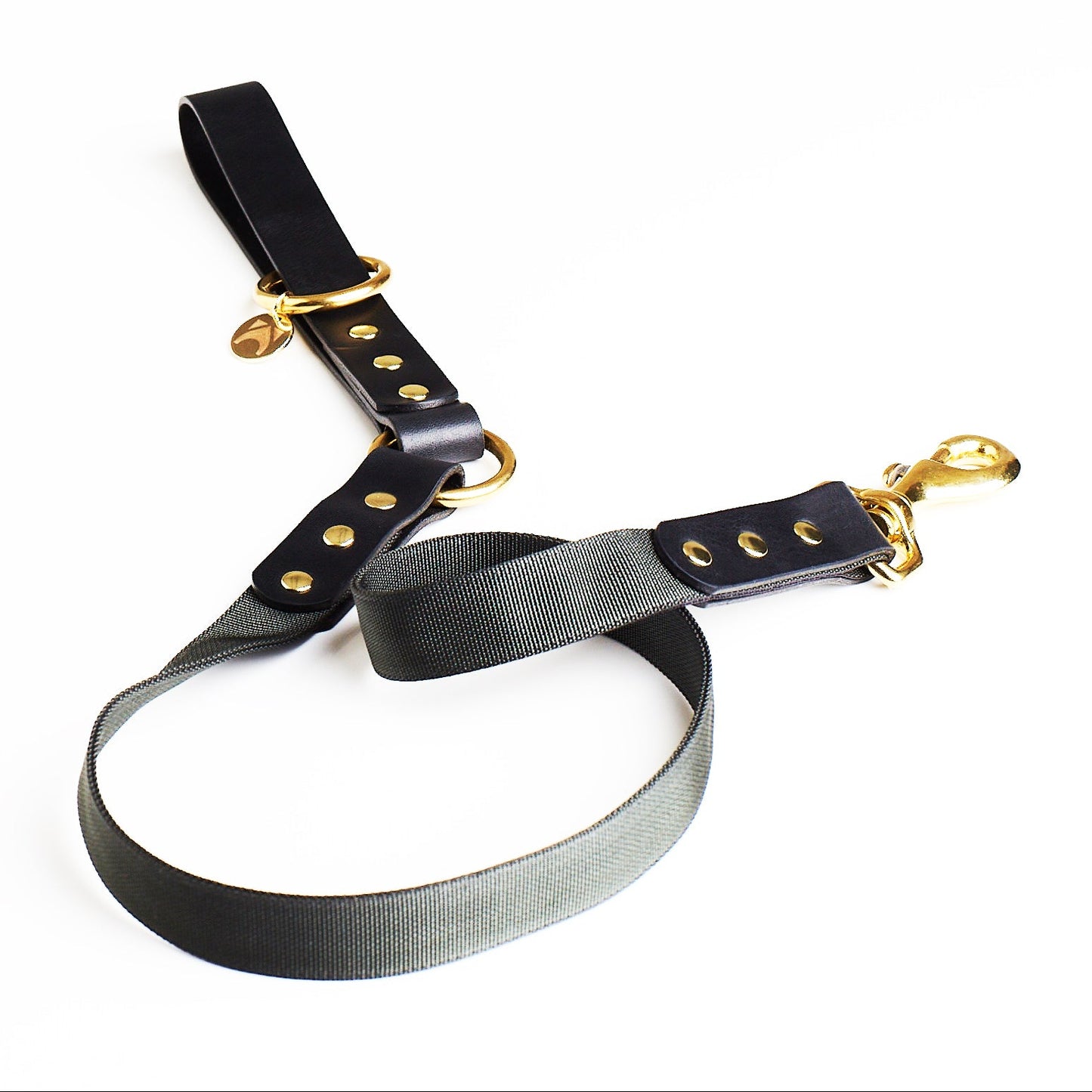 jet black leather and slate grey webbing dog lead with brass hardware on a white background
