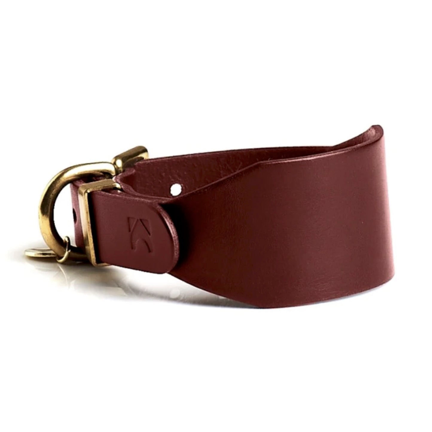 Oxblood leather sighthoundcollar with solid brass hardware on a white background